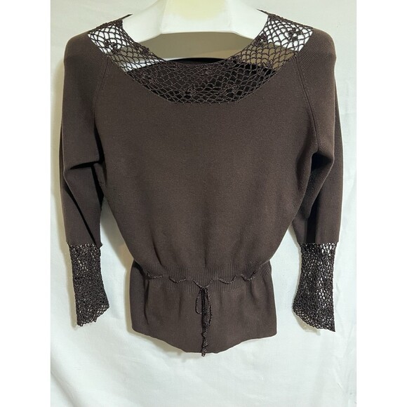 Blouse hollow out Tie front Y2K cinched Tie Waist crocheted lace Boho Trendy Q - Picture 1 of 5